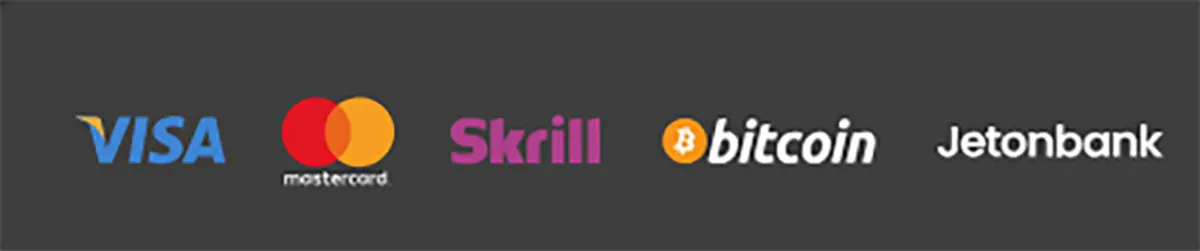 Payment method logos displayed: Visa, Mastercard, Skrill, Bitcoin, and Jetonbank.